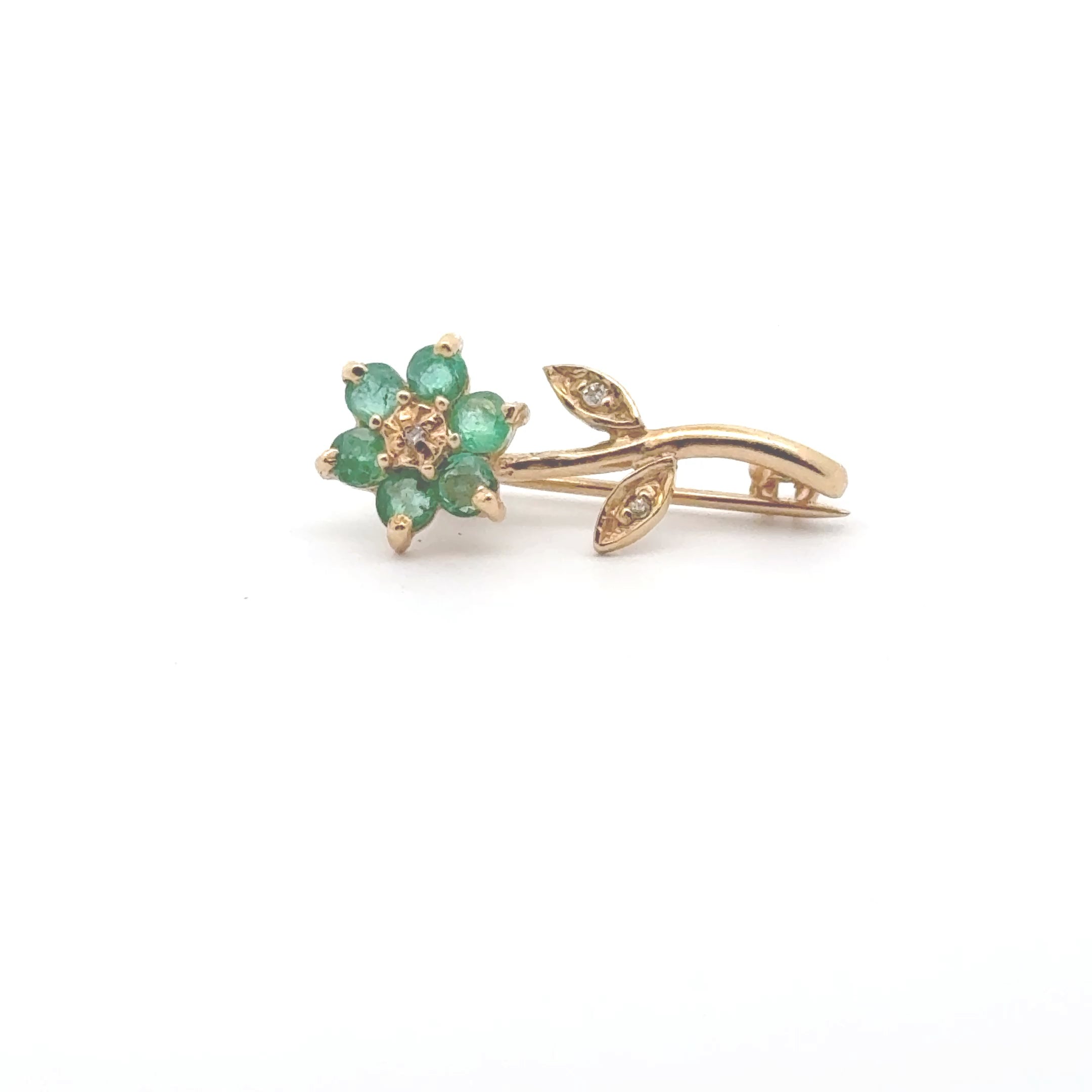 14K Gold Emerald and Diamond Flower Brooch